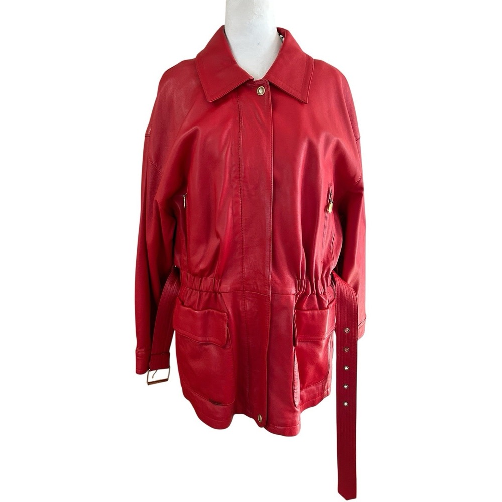 Margaret Godfrey Red Leather Belted Jacket Sz L**see pictures-stain on pocket - Picture 6 of 10